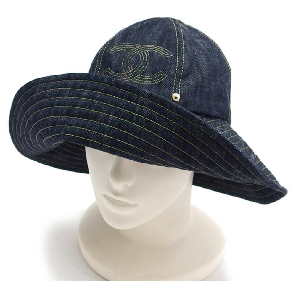 Authentic Chanel Denim Bucket Hat w/sparkling gold stitching, Navy denim blue